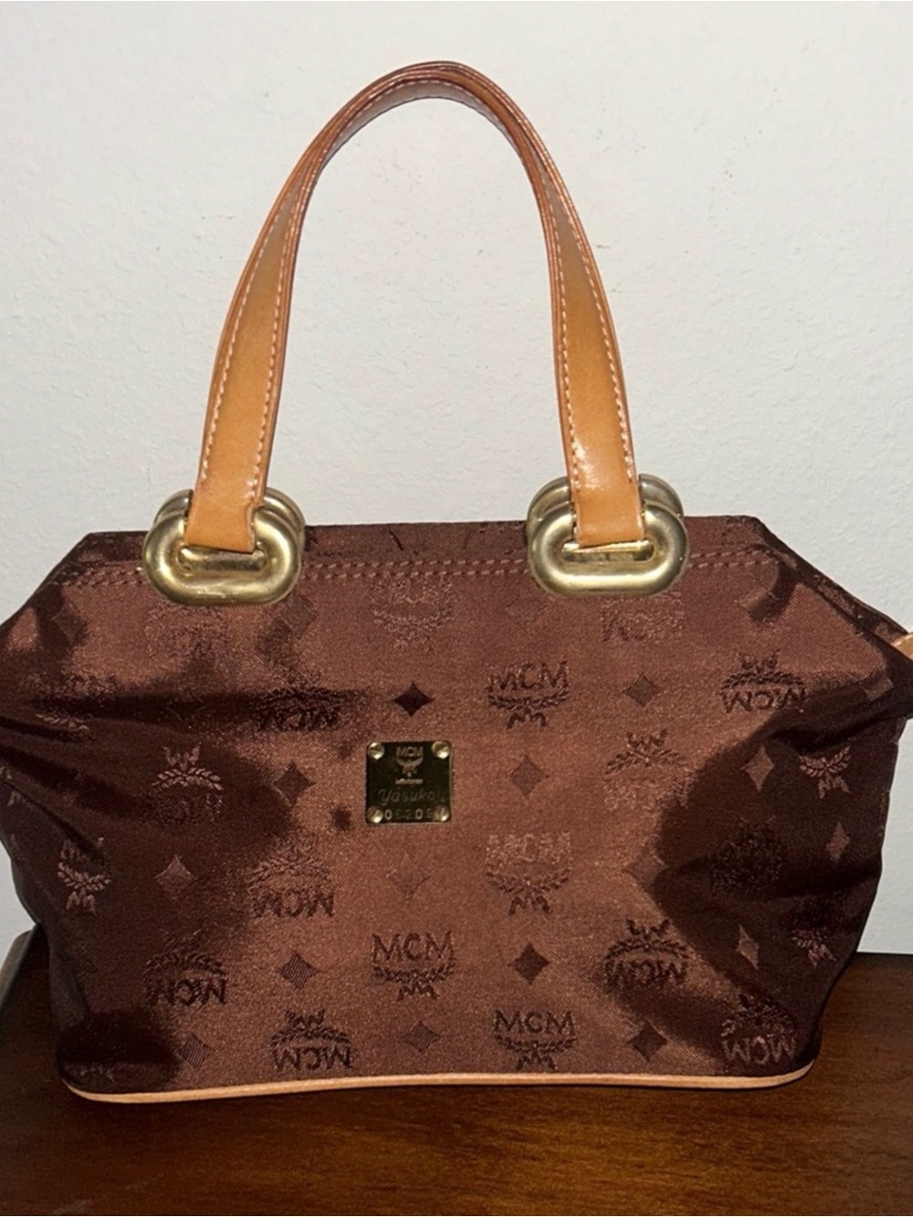 MCM Brown Monogram Jacquard Tote with Tan Leather Handles
